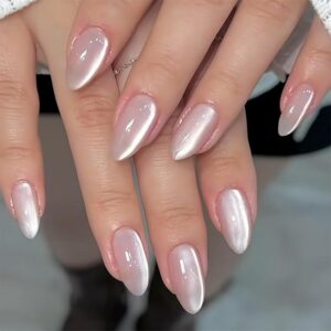 Nude Pink Cat Eye Press On Nails Short Almond, 24Pcs Glitter Pink Glaxy Thick Cute Acrylic Nails