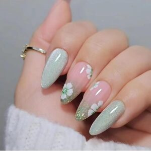 Almond Press on Nails Medium Fake Nails Green False Nails with Design Cute Flower