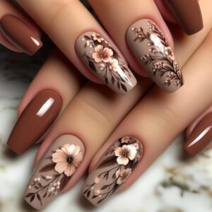 Fall Press on Nails Dark Brown Medium Coffin False Nails Flower Glue on Nails Reusable with Floral Designs
