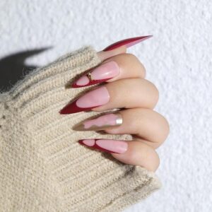 Christmas Press on Nails Long Almond Red Stick on Nail for Women 24pcs