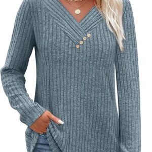 Limited time deal -10% OFF SAMPEEL Sweaters for Women Long Sleeve Shirts V Neck Tops with Buttons Fall Fashion